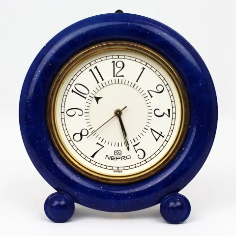 Fine Vintage Lapis Nepro Swiss Miniature Enamel Travel Alarm Clock