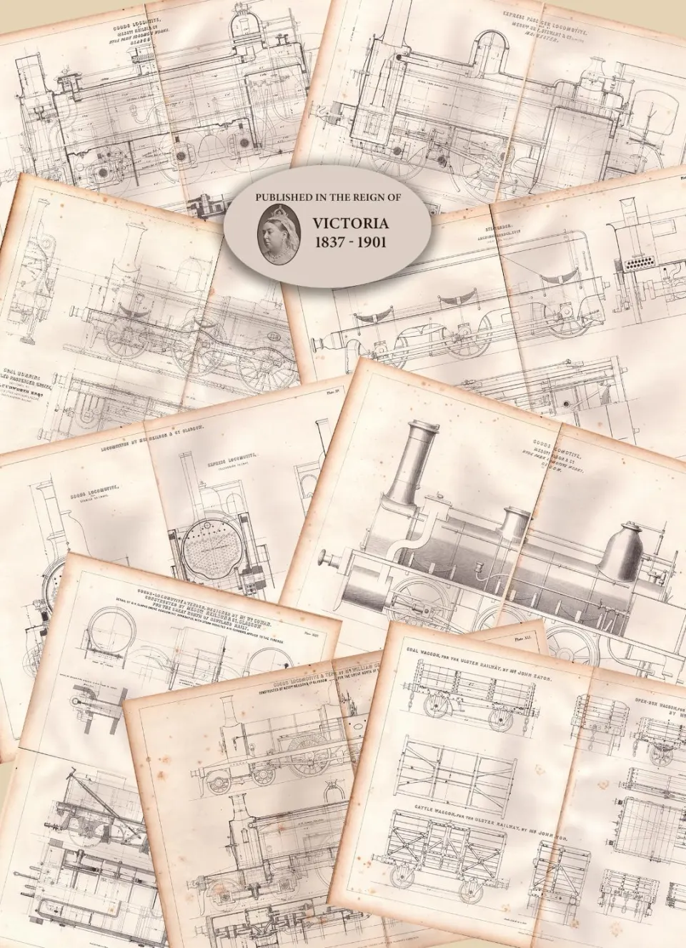 Job lot 9 Scarce  Zerah Colburn Locomotive  Railways  Large  Diagrams Prints-2