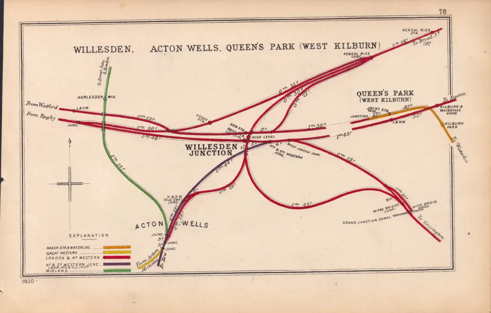 Willesdon Acton Kilburn London Antique Railway Junction Map-78.