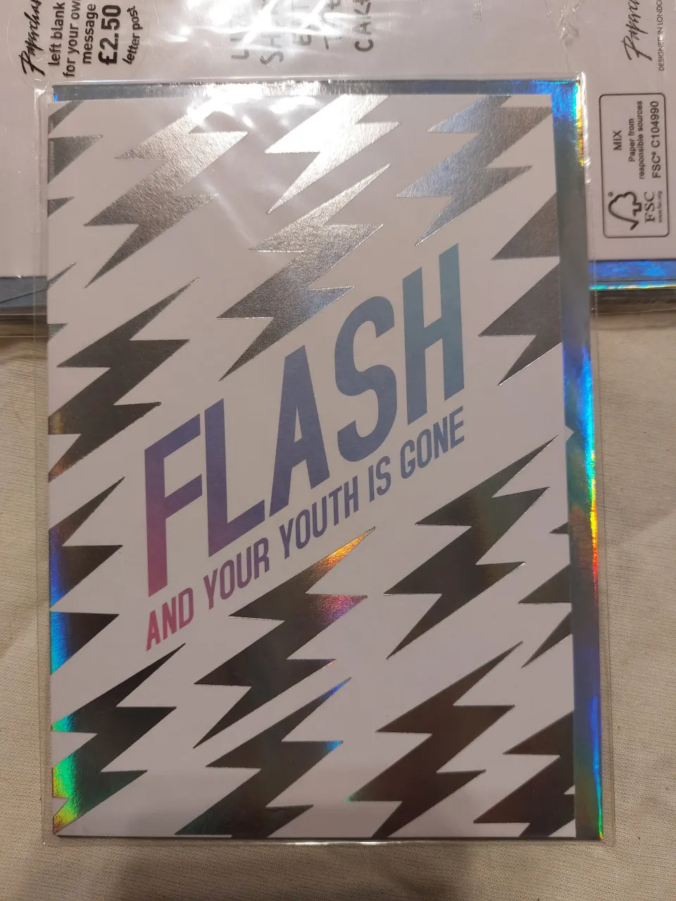 "Flash and Your Youth is Gone" cards.  Silver envelopes and labels.  Box of 48