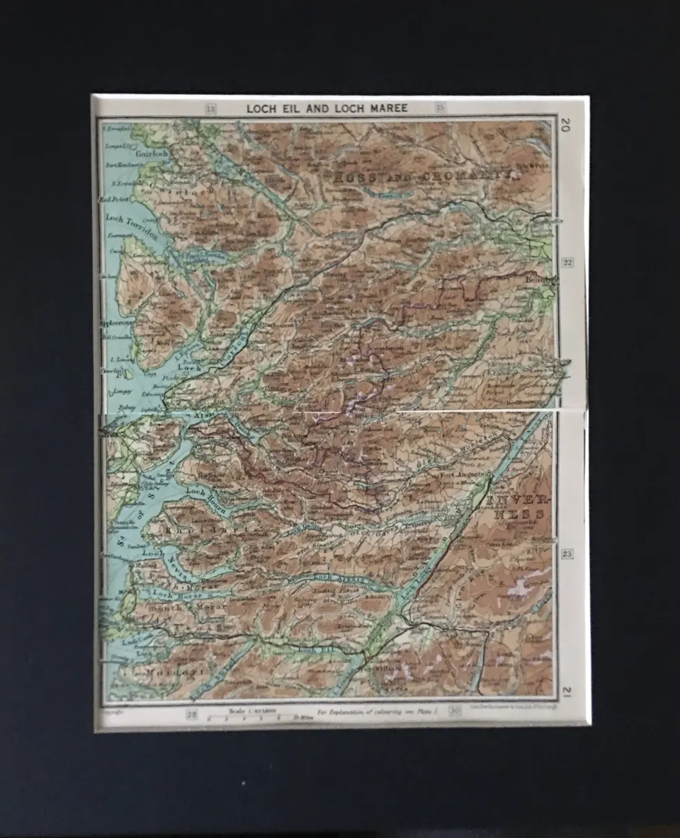 Loch Eil & Loch Maree Scotland Coloured Mounted Antique Map.
