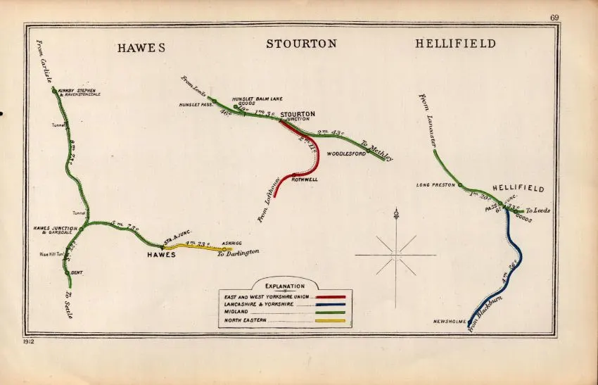 Hawes, Stourton & Hellifield Yorkshire Antique Railway Junction Diagram  Map-69.