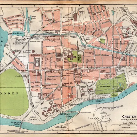 Chester City Coloured Detailed Plan Vintage 1924 Map.
