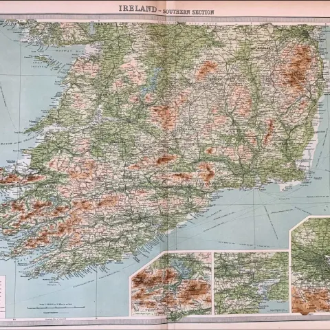 Antique Bartholomew Large Map Ireland Southern Section Dublin Cork Kerry.