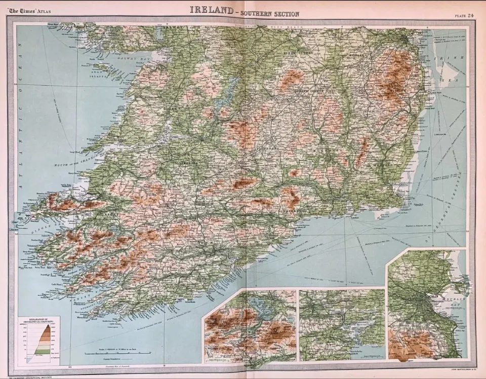 Antique Bartholomew Large Map Ireland Southern Section Dublin Cork Kerry.