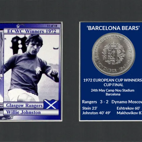 Willie Johnson Rangers FC Wins 1972 ECWC Mounted Card & Coin Metal Art Display