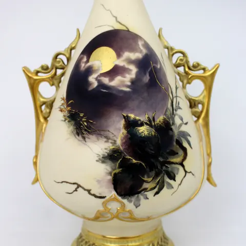 Royal Worcester Blush Ivory Vase with Moonlit Bird Scene, Dated 1887 — Damaged