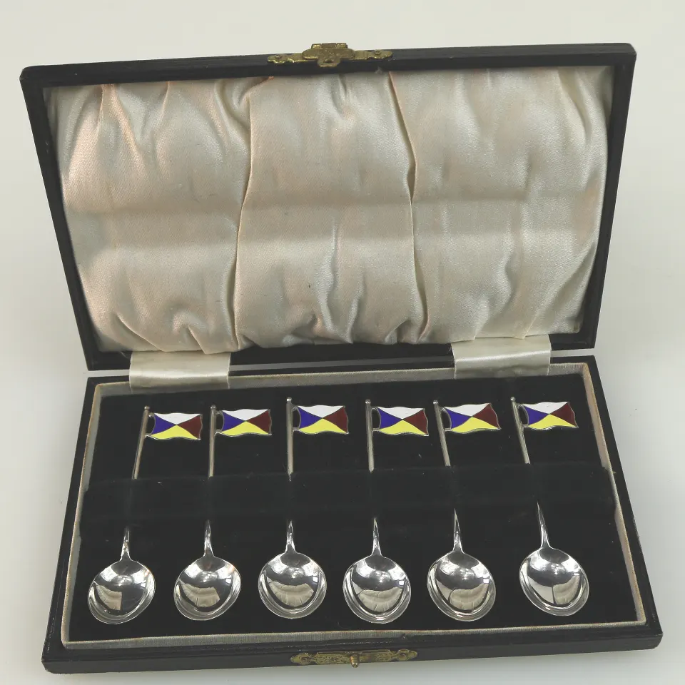 A Cased Set of Rare Novelty Silver & Enamel Coffee Spoons Ocean Liner Maritime P&O Flags C.1928