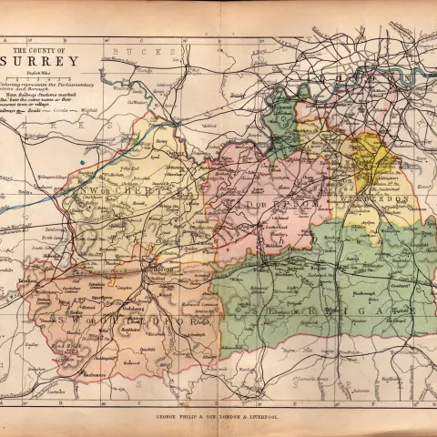 County of Surrey 1895 Antique Victorian Coloured Map.
