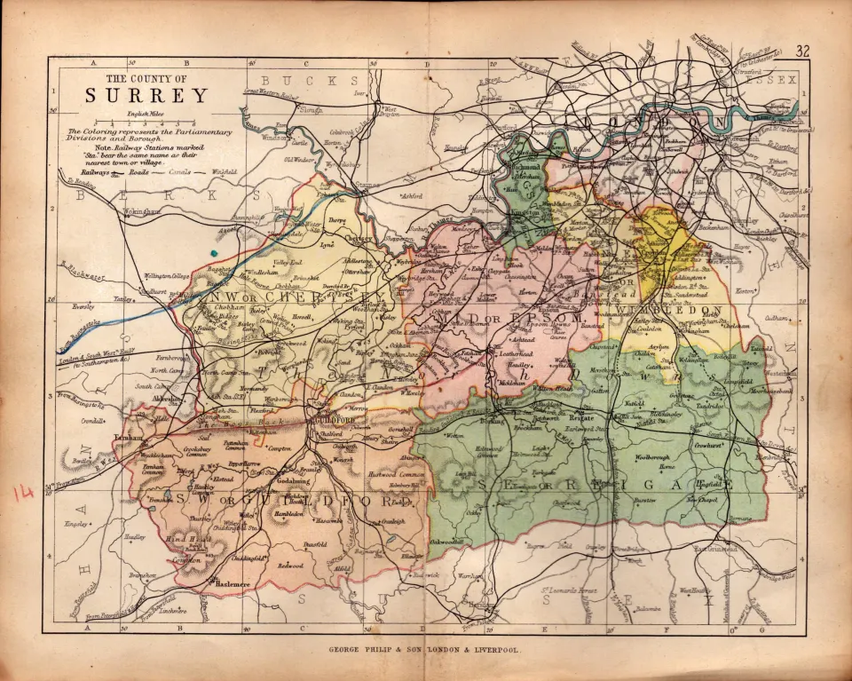 County of Surrey 1895 Antique Victorian Coloured Map.