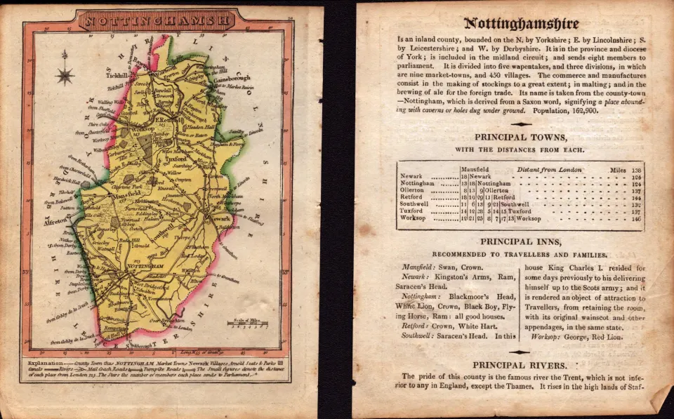 Nottinghamshire Engraved Hand Coloured George IV Map & Text.