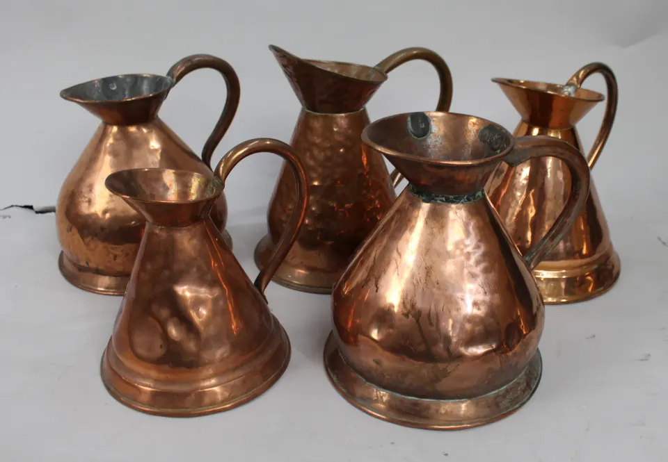 Collection of 5 Antique Copper Haystack Jugs