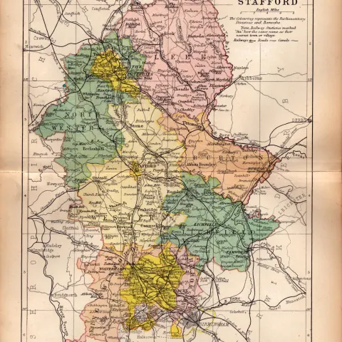 County of Staffordshire 1895 Antique Victorian Coloured Map.