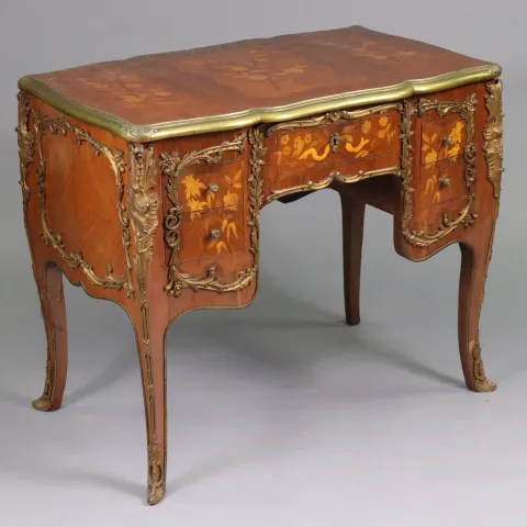 Louis XV style Marquetry Inlaid Brass Bound Desk