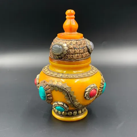 Vintage Handmade Old Nepalese Amber Jewel Jar With Agate Stones, Collectible