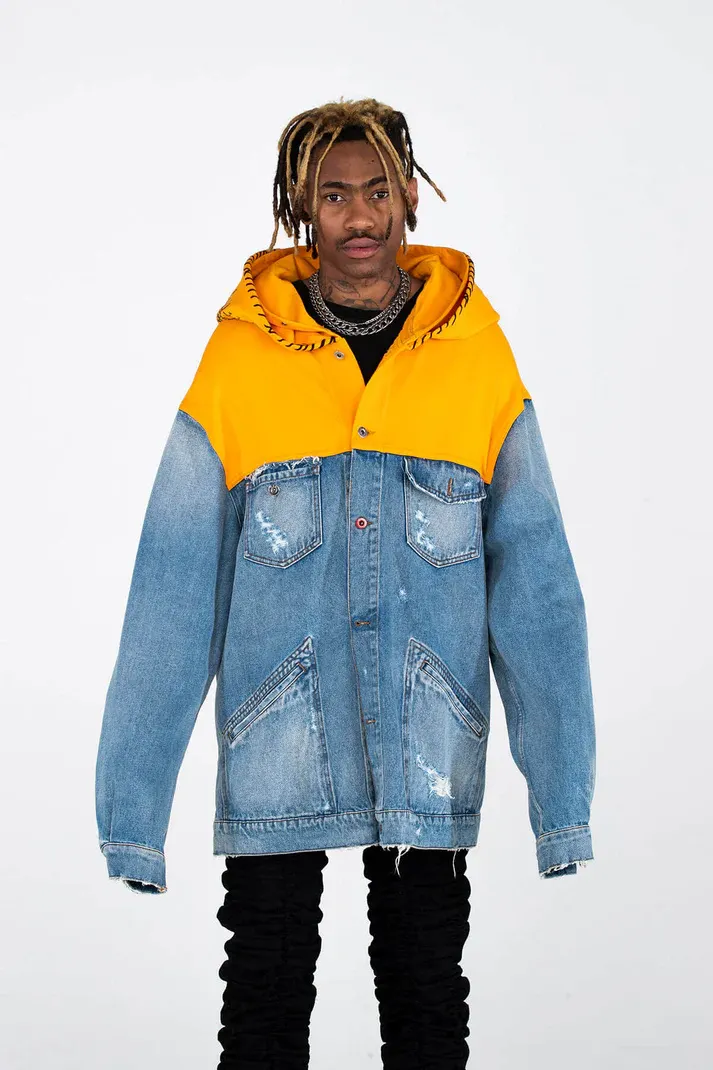 MJB Marc Jaques Burton Hooded Magna Pax Hand Painted Denim Jacket, Online Price £500, Size XXXL.