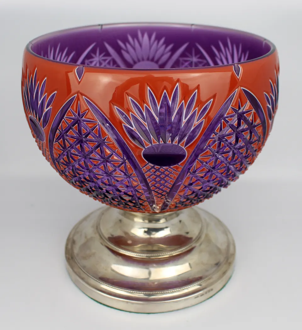 Fine Amethyst Sunburst Orange Overlay Crystal Silver Footed Centrepiece