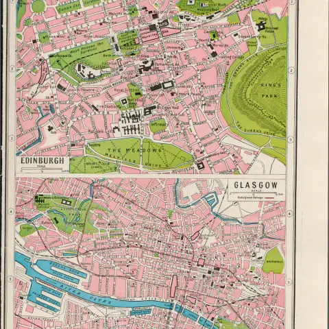 Edinburgh & Glasgow Street Plan  Antique Coloured Map-93.