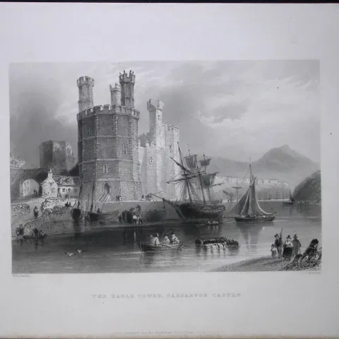 Eagle Tower Carnarvon Castle Wales WH Bartlett 1842 Antique Steel Engraving-96