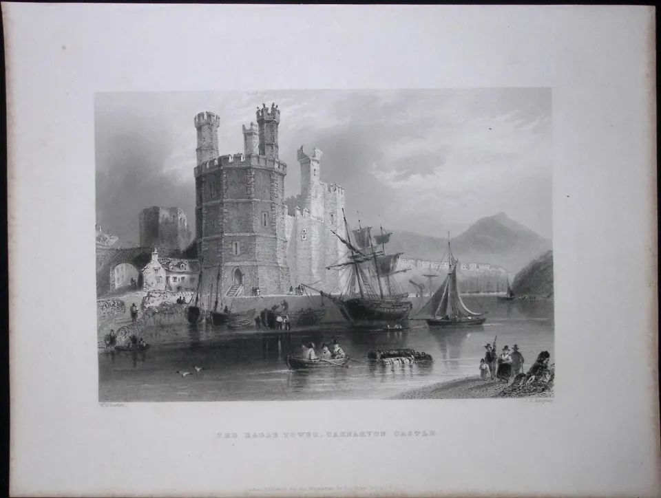 Eagle Tower Carnarvon Castle Wales WH Bartlett 1842 Antique Steel Engraving-96