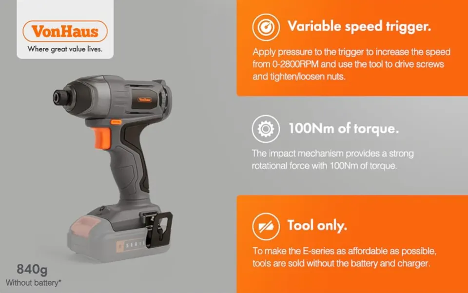 VonHaus E-Series 18V Cordless Impact Driver, NO Battery or Charger Included – Variable Speed