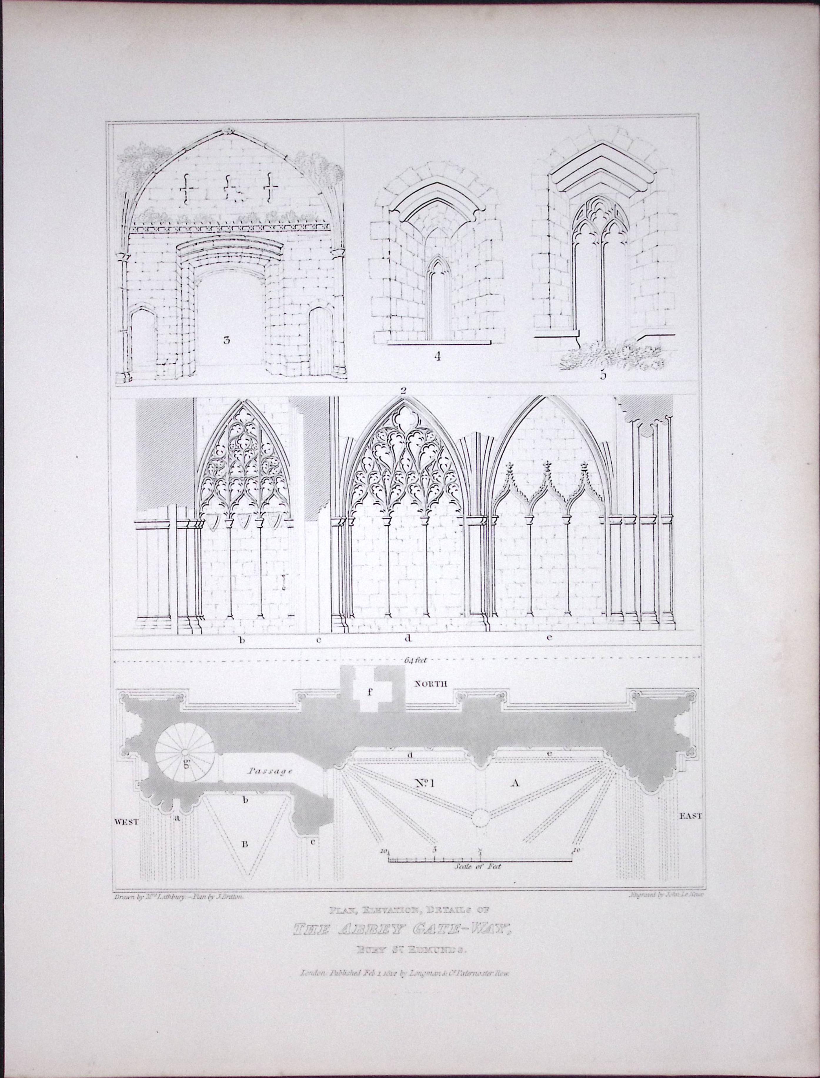 The Abbey Bury St Edmunds 190 Years-Old John Britton Antique Steel Engraving-174