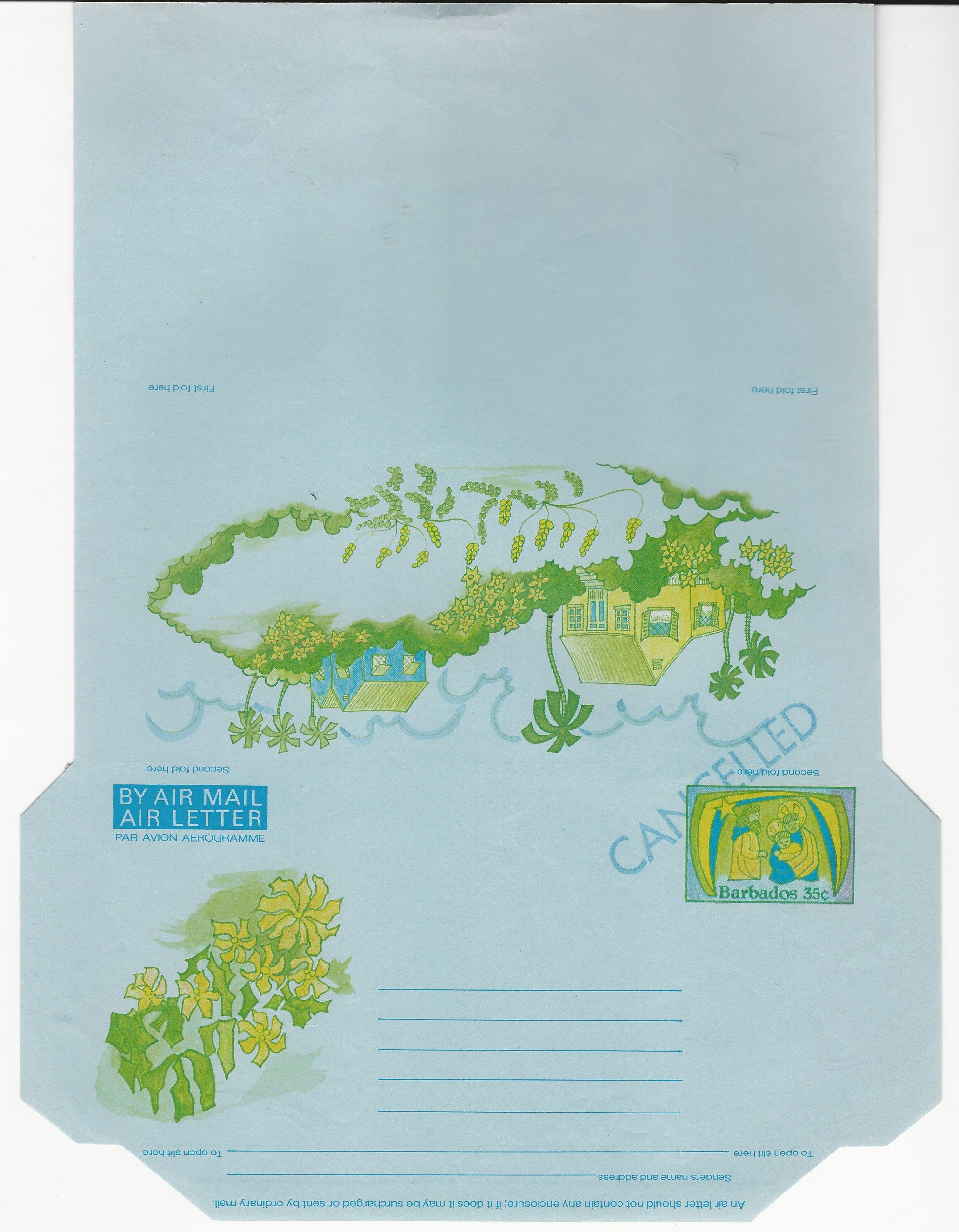 Barbados 1982 Christmas 35c Aerogramme featuring the Holy Family, Hibiscus flowers, Palm trees and a