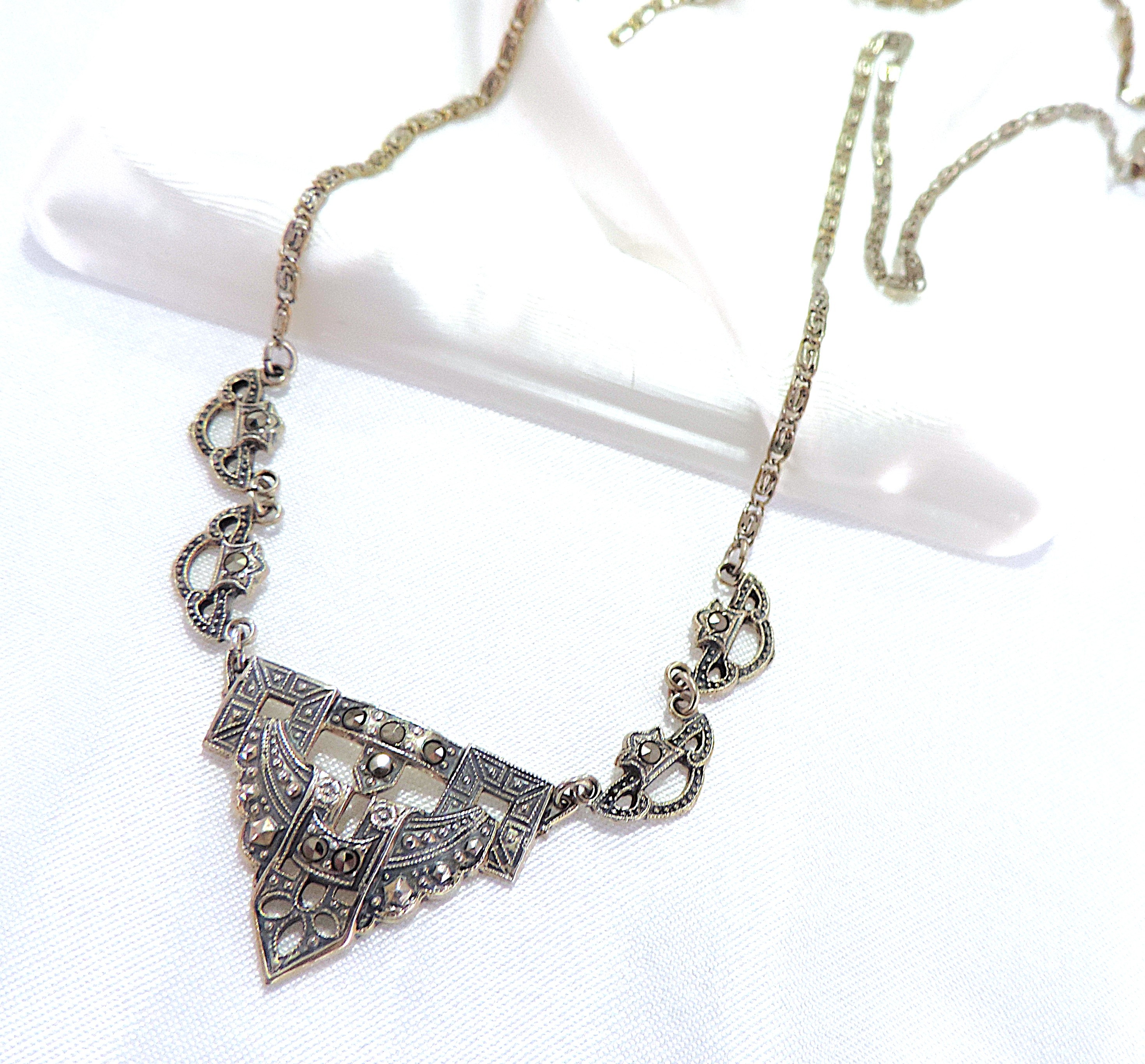 Antique Art Deco 925 Sterling Silver Marcasite Gemstone Necklace