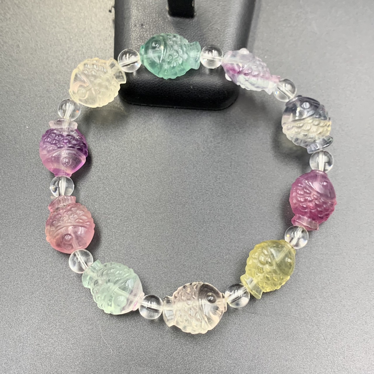 OTR-54, Awesome Natural Multi Colour Carved Fluorite Fish Beads Bracelet