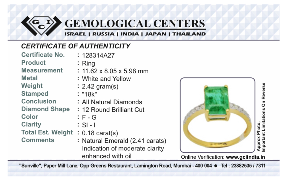 Beautiful Natural Emerald 2.41 CT With Natural Diamonds & 18k Gold