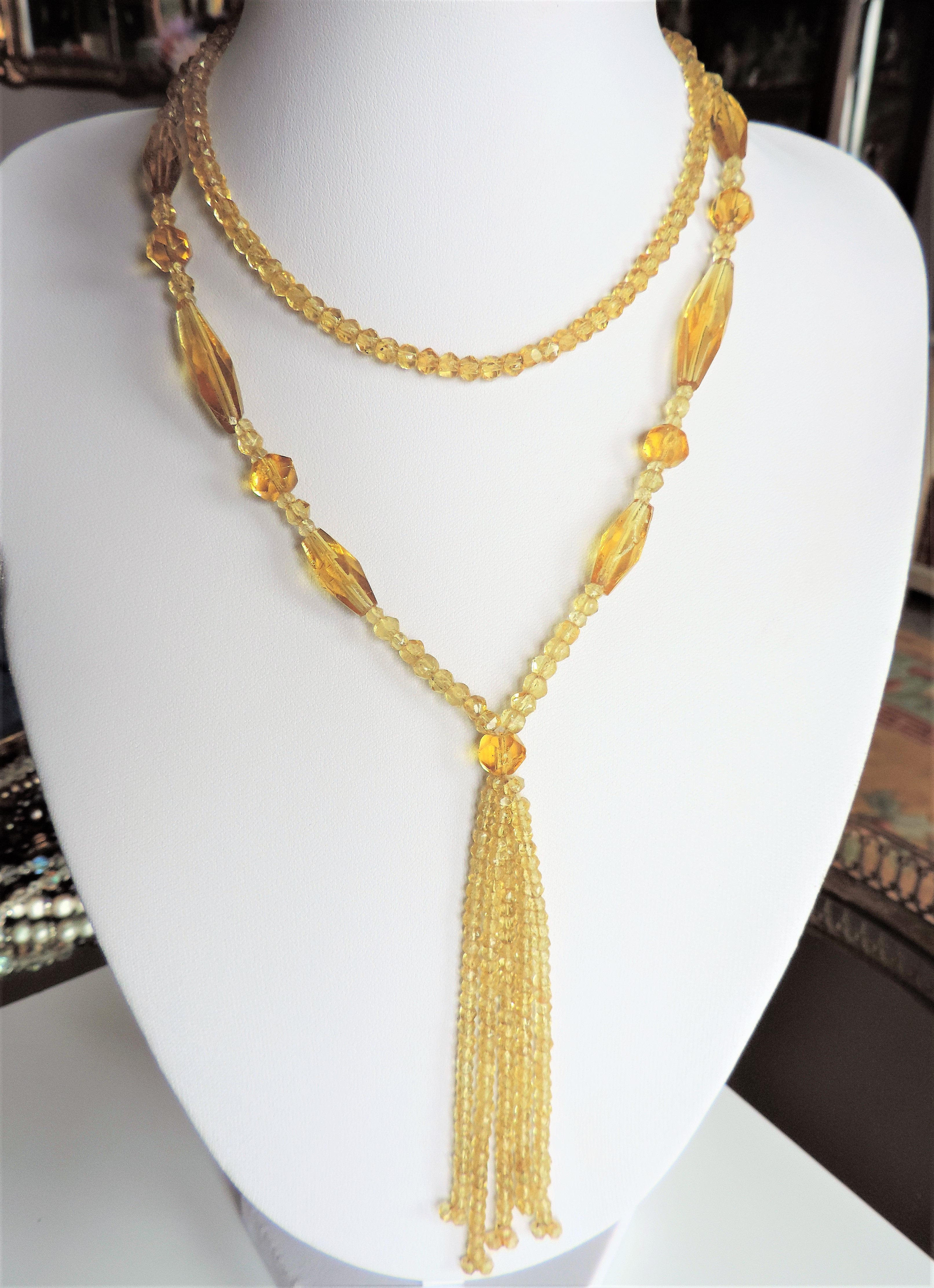Antique Art Deco Gold Glass Bead Flapper Necklace with Tassle