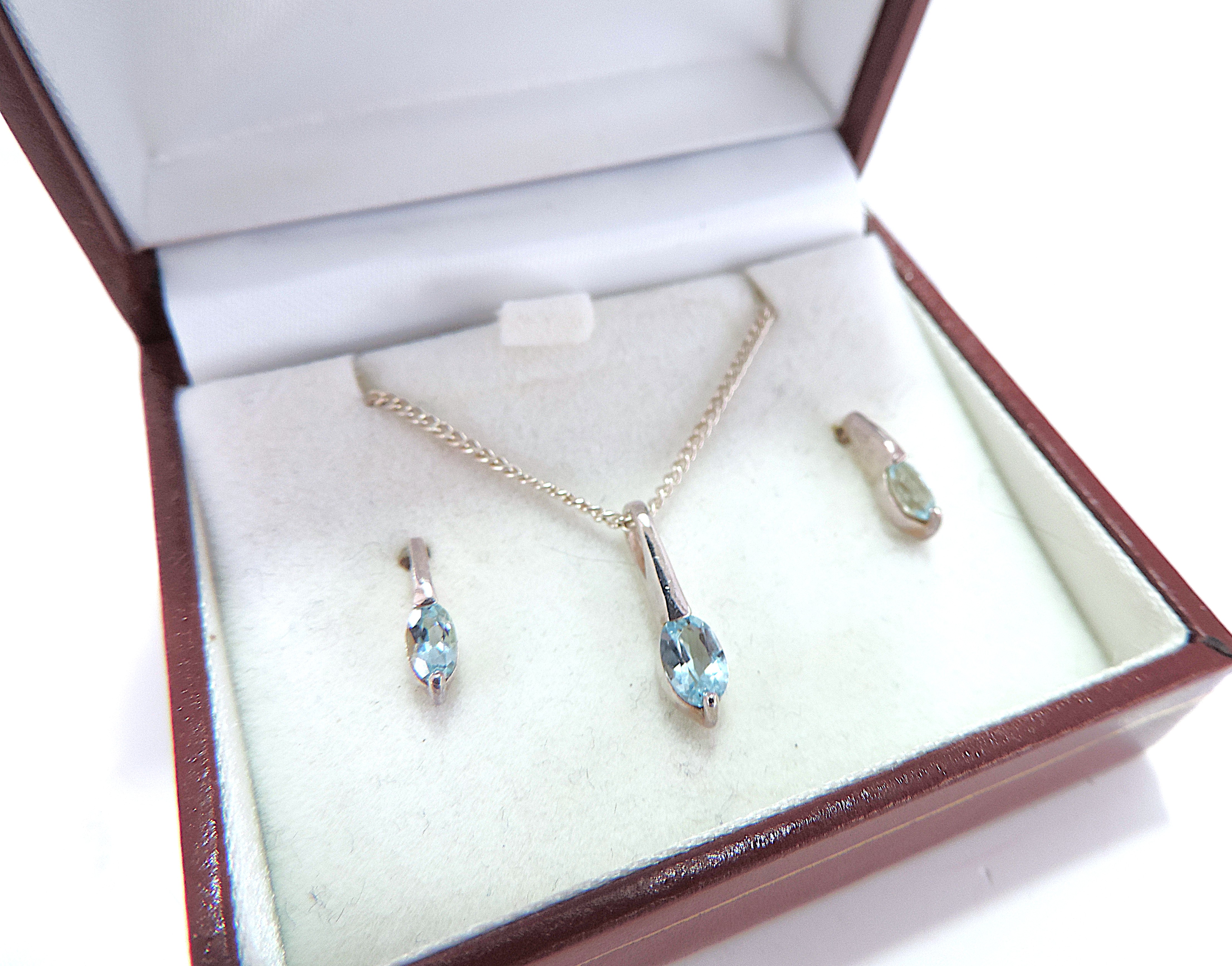 925 Silver Blue Topaz Necklace & Earrings Set 'New Boxed'
