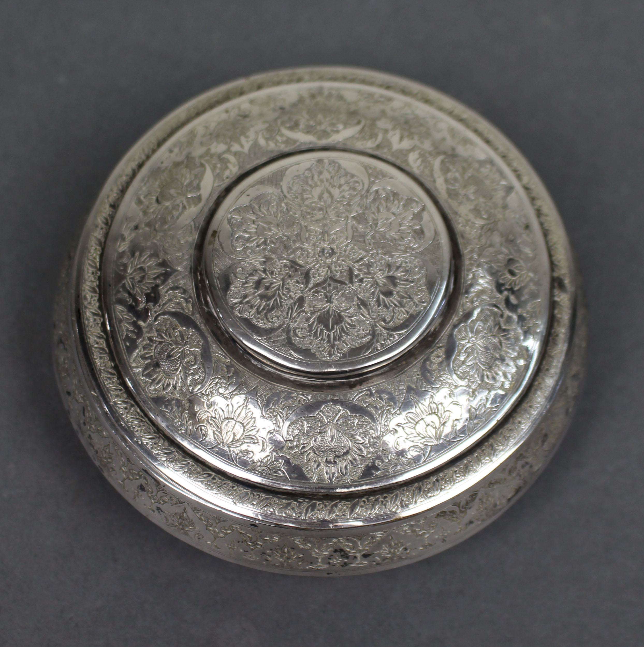 Persian Silver Circular Box with Floral Motifs, Iran, c.1950