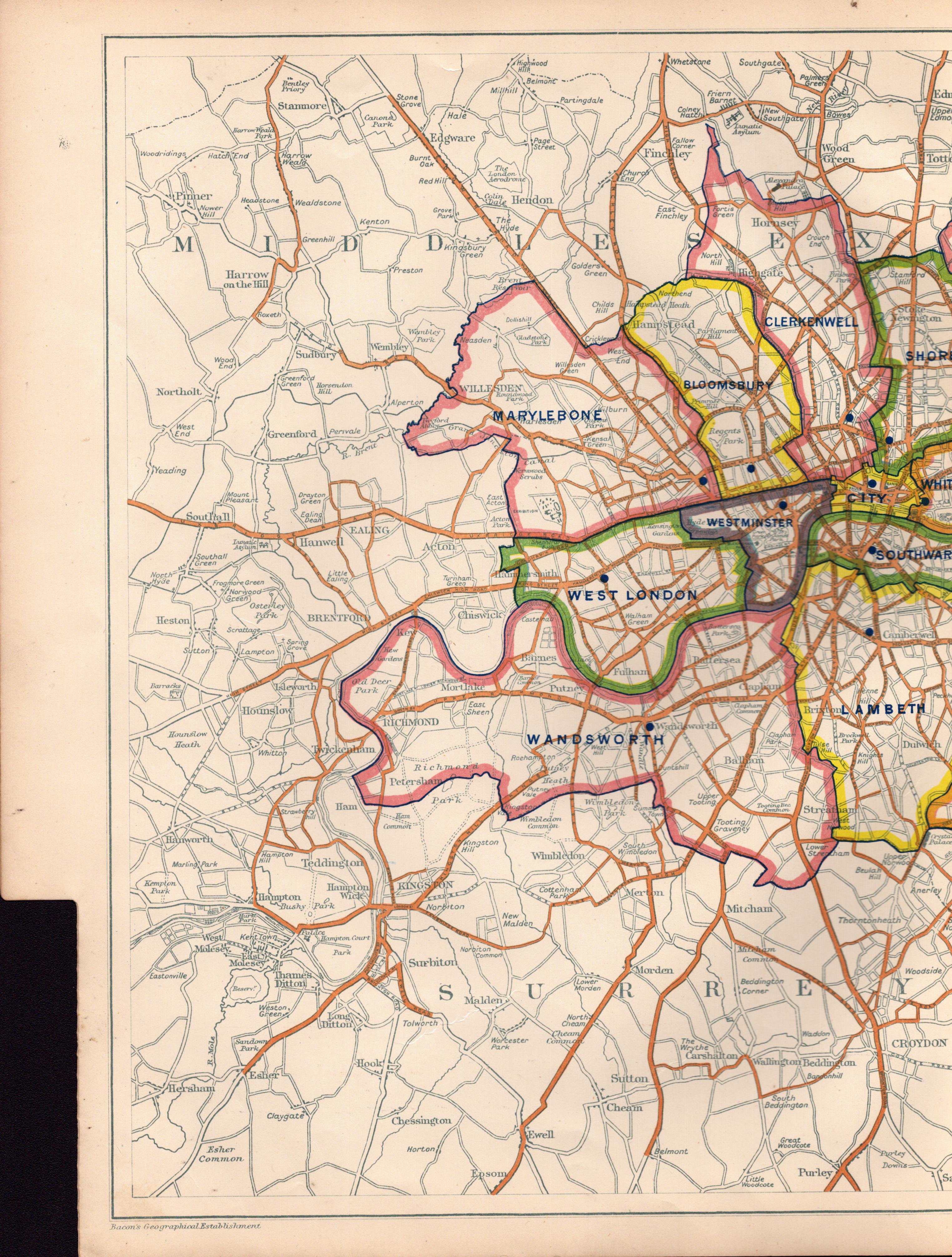 Bacons Vintage London County Courts Bus & Tram Routes Map.