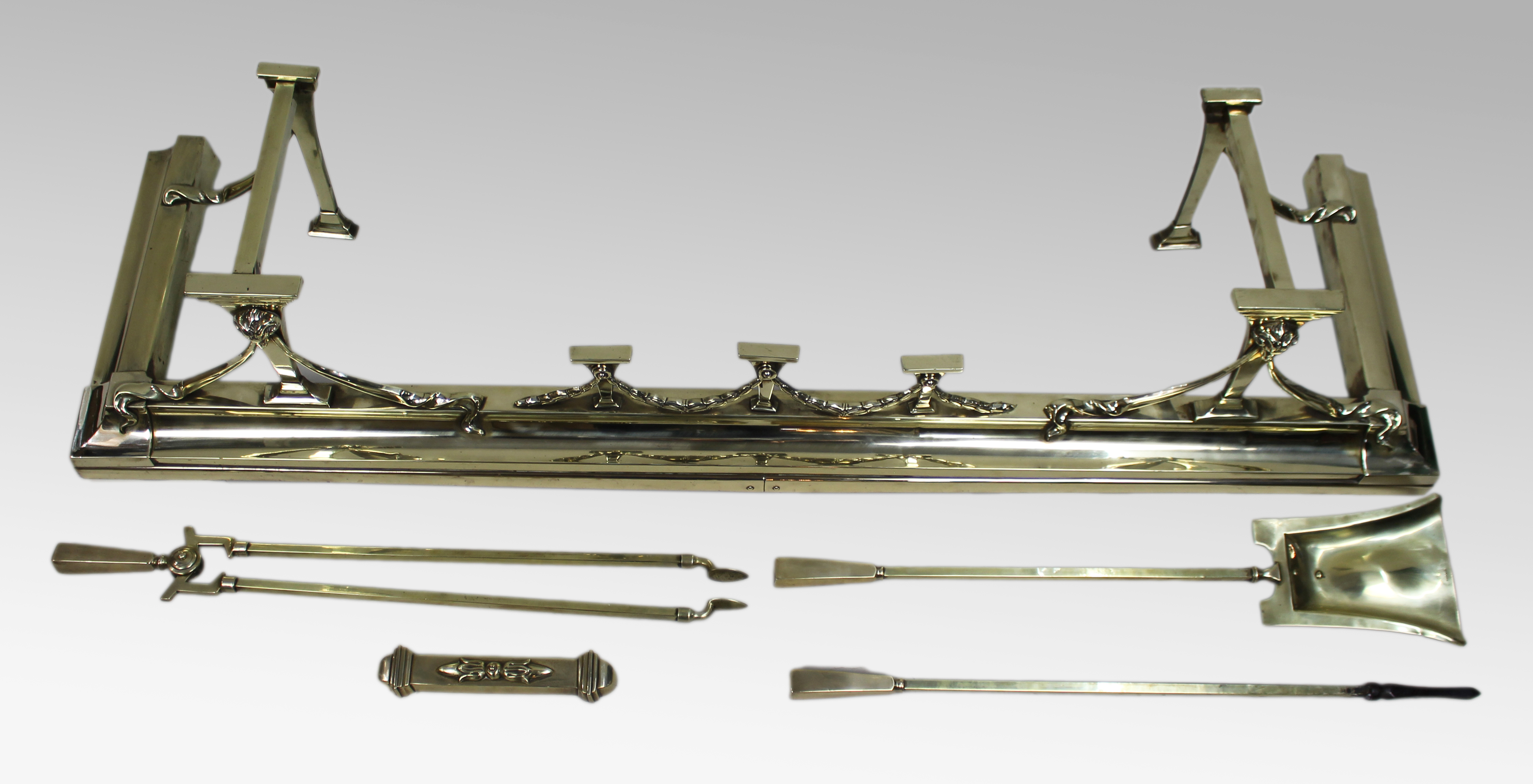 Antique Edwardian Brass Fireplace Fender & Matching Fire Irons