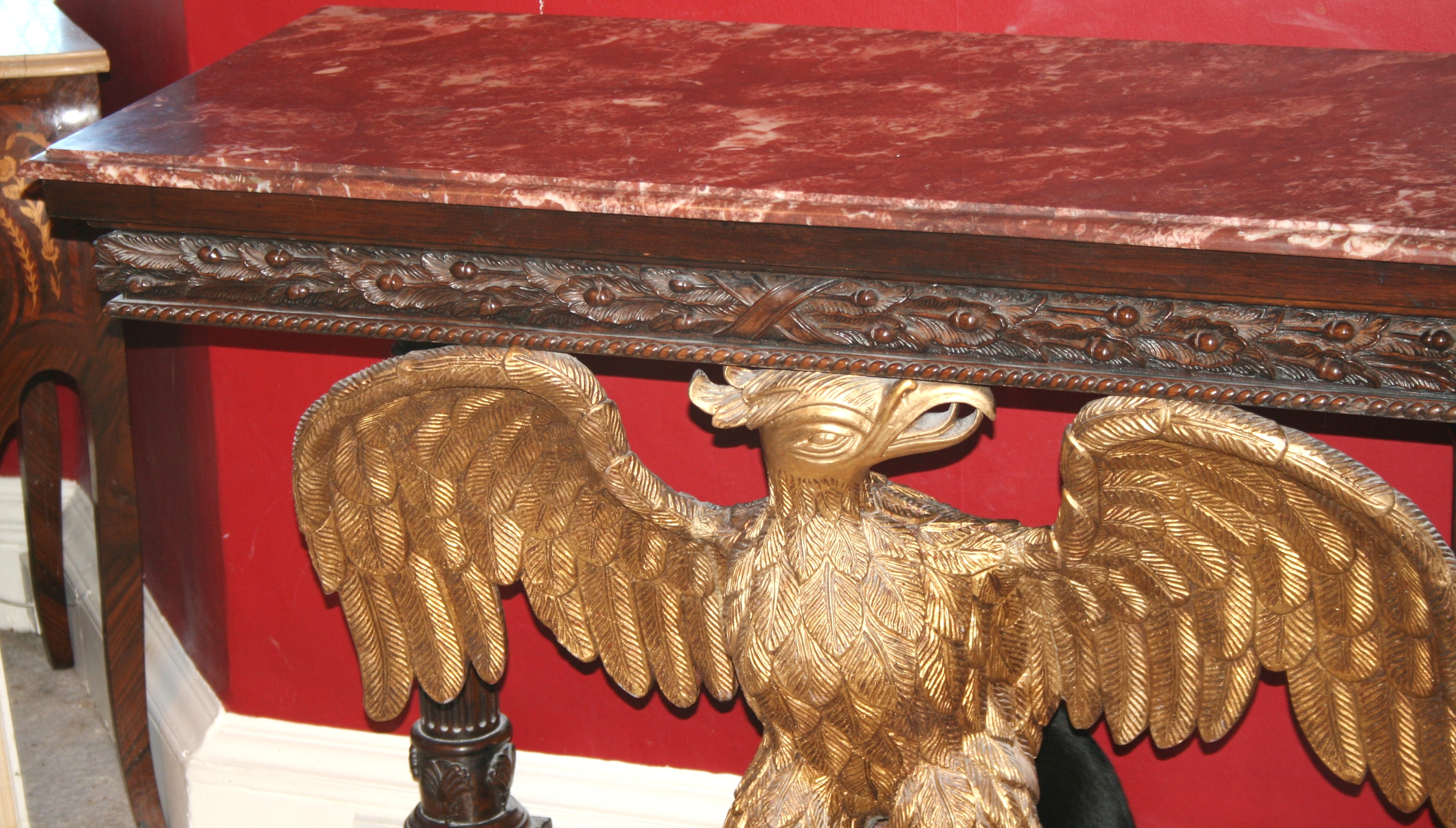 Pair of Marble Topped Mahogany & Giltwood Eagle Console Tables
