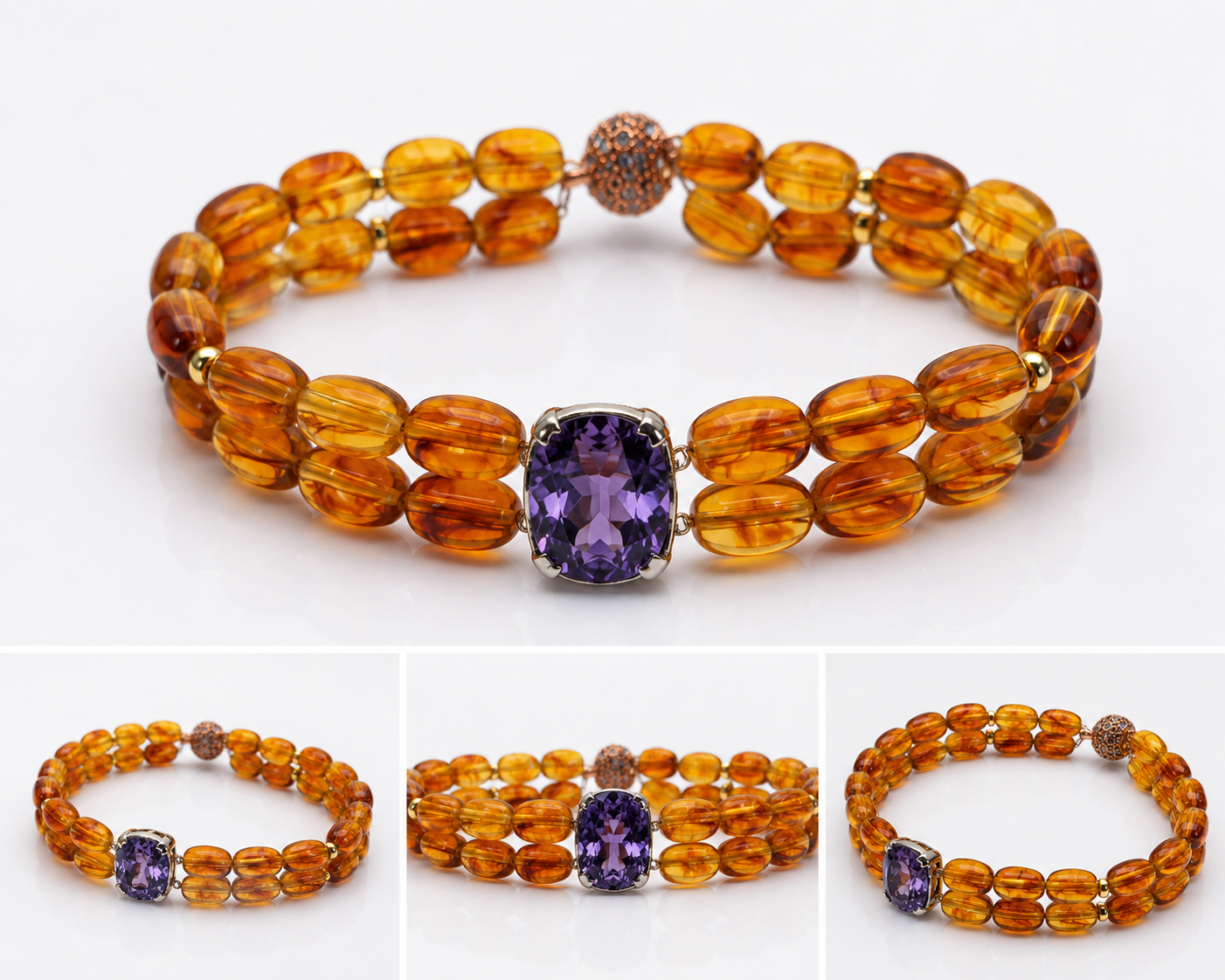 Natural Amber Double Strand Bracelet With Amethyst Centre Stone & Magnetic Clasp
