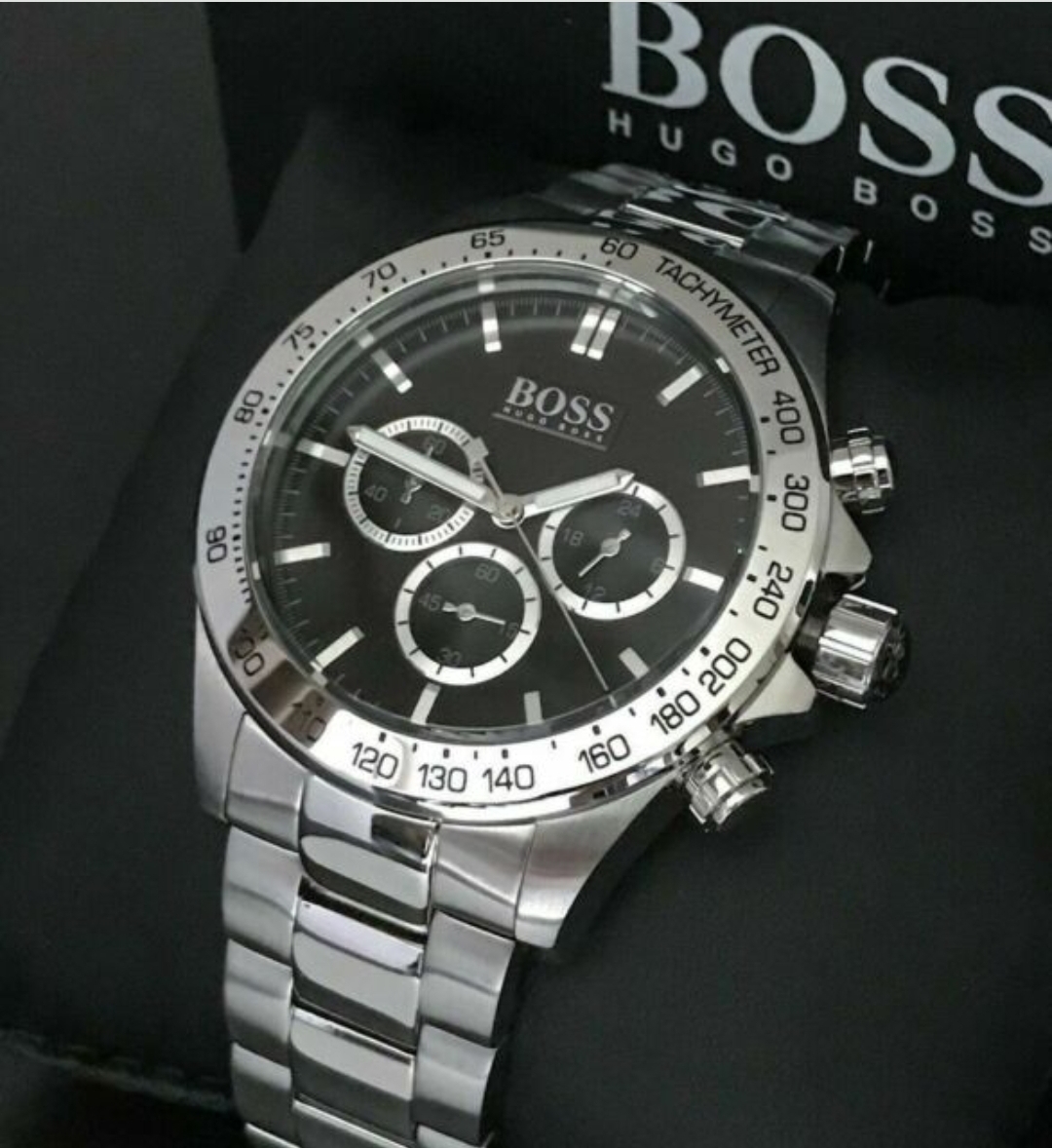 Men's Hugo Boss Ikon Black Dial Silver Bracelet Chronograph Watch 1512965