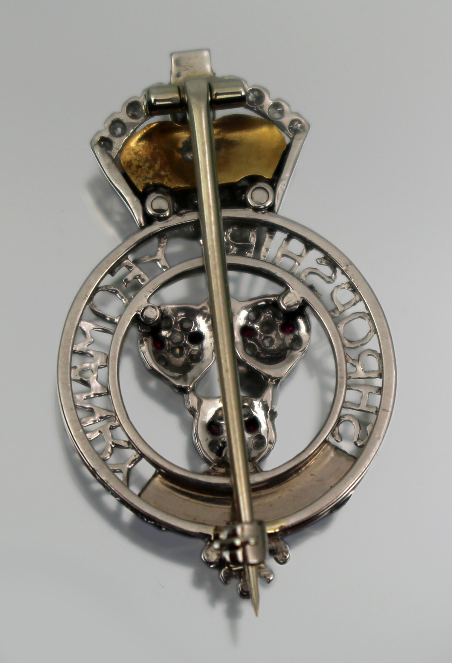 Fine Shropshire Yeomanry Sweetheart Brooch by Garrard – Gold, Enamel, Ruby Eyes