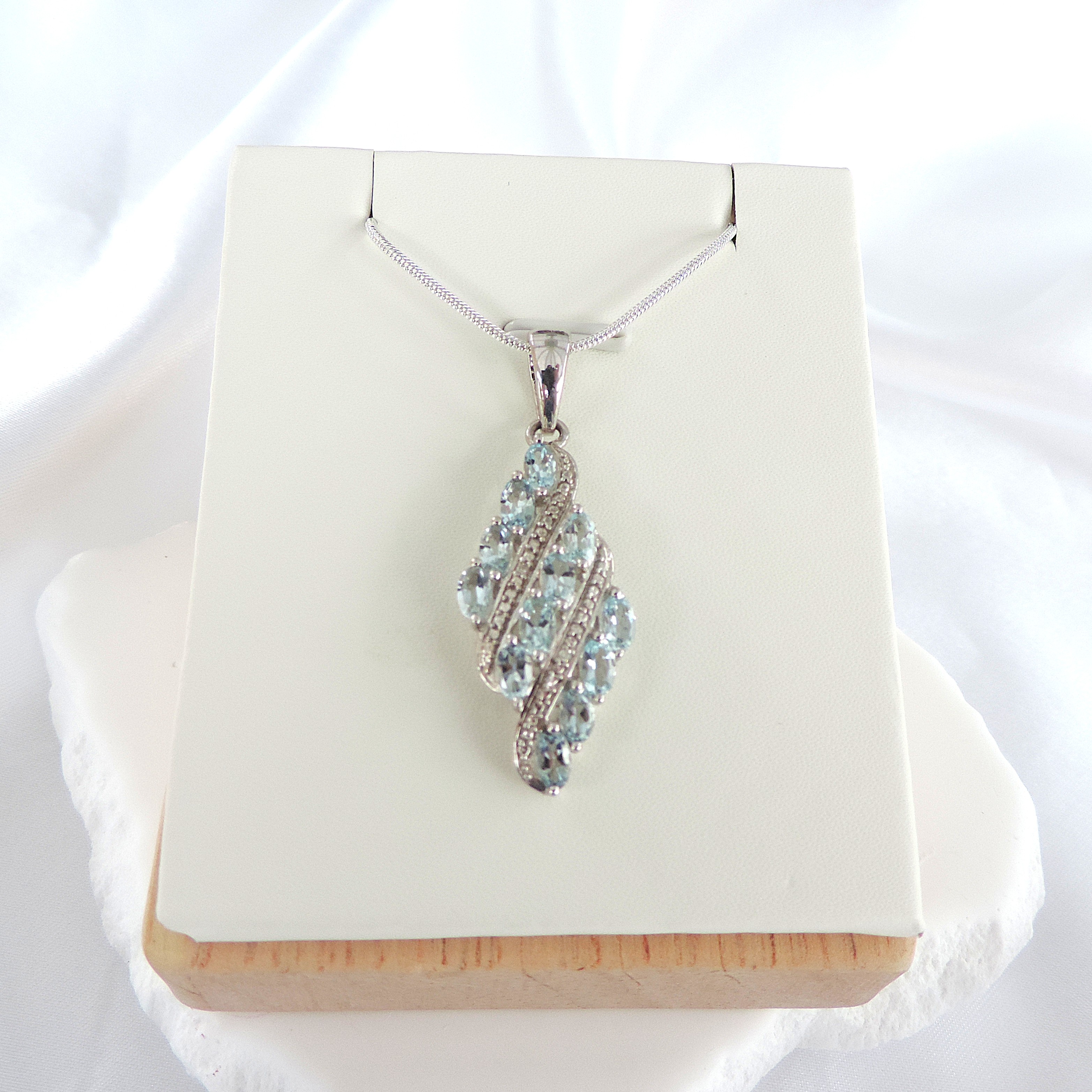 Aquamarine Marine & Diamond Necklace 925 Sterling Silver 'New with Gift Pouch'
