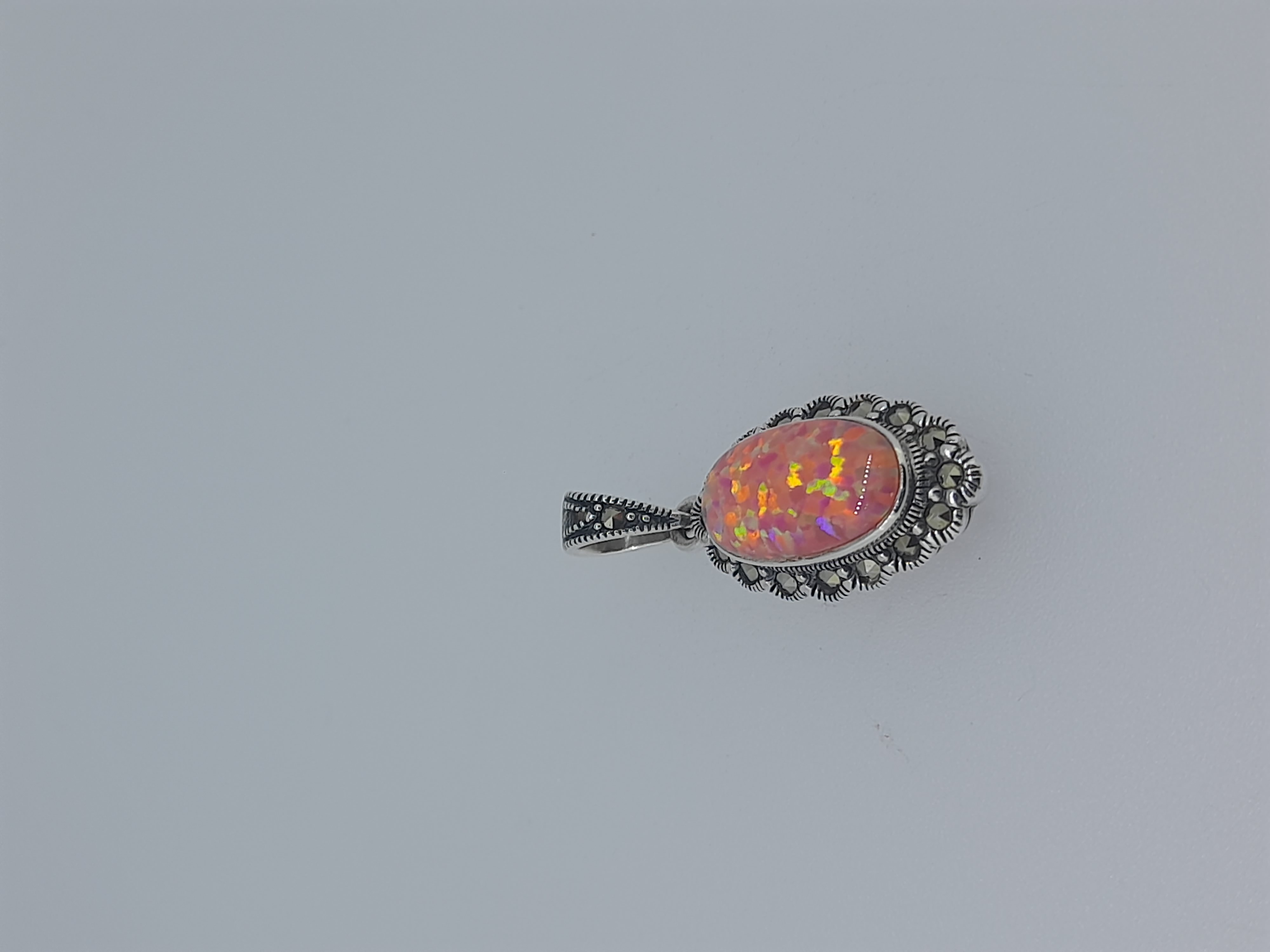 Silver Synthetic Fire Opal and Marcasite Set Pendant