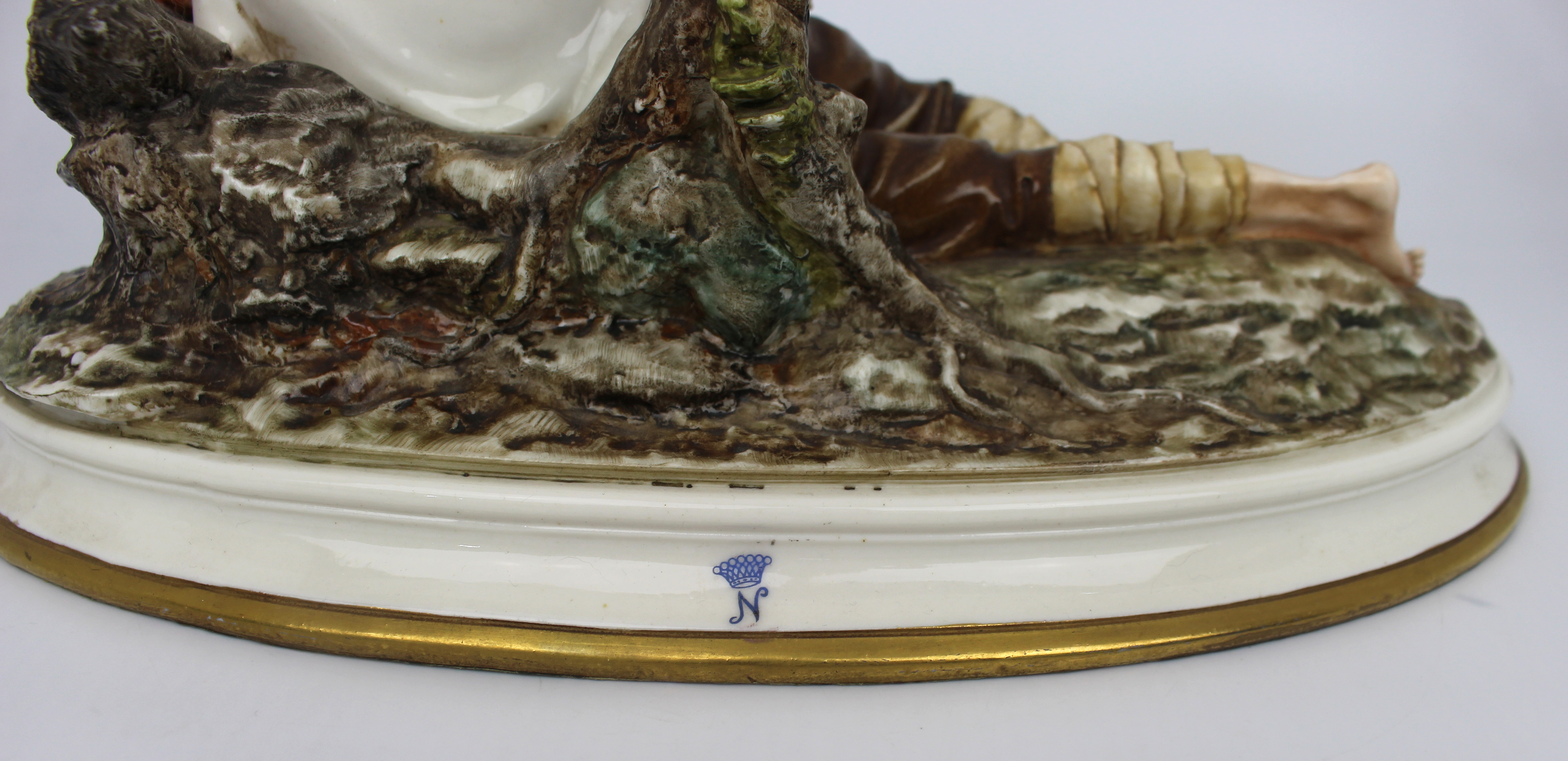 Vintage Capodimonte Sculpture Reclining Old Man & Bird