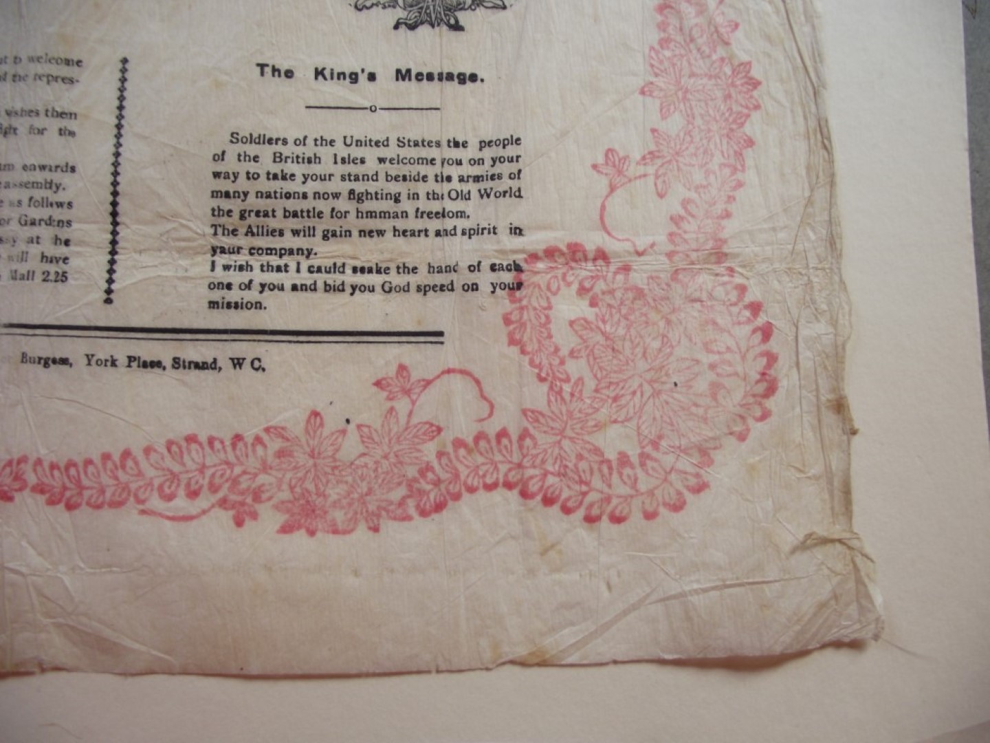 Souvenir Napkin - American Soldiers March Through London Saturday 11th May 1918