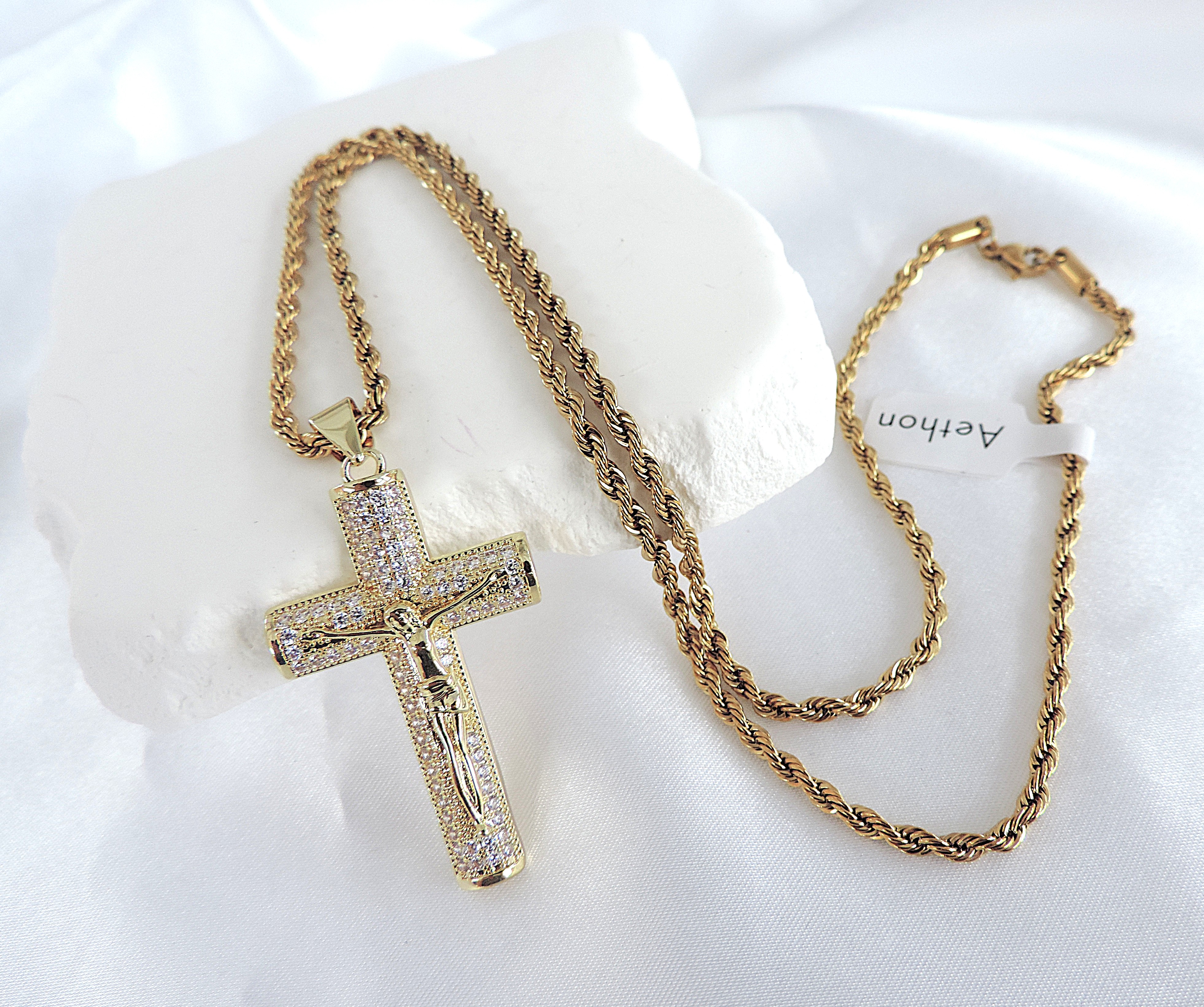 Aethon Gold Plated White Zircon Gemstone Cross on 22 inch Rope Chain