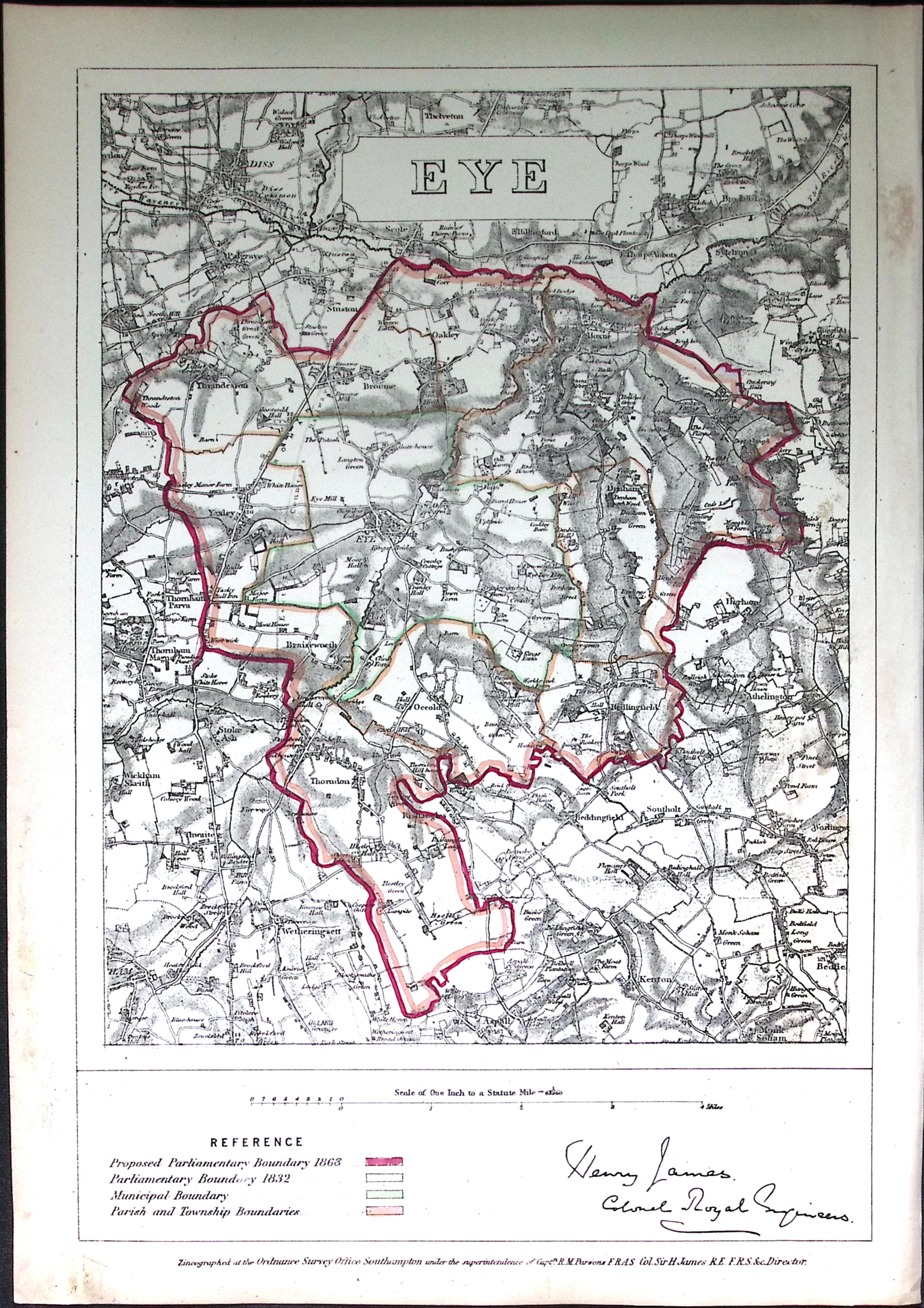 Eye Suffolk  Boundary Commission 157-Year-Old Coloured Antique Map.