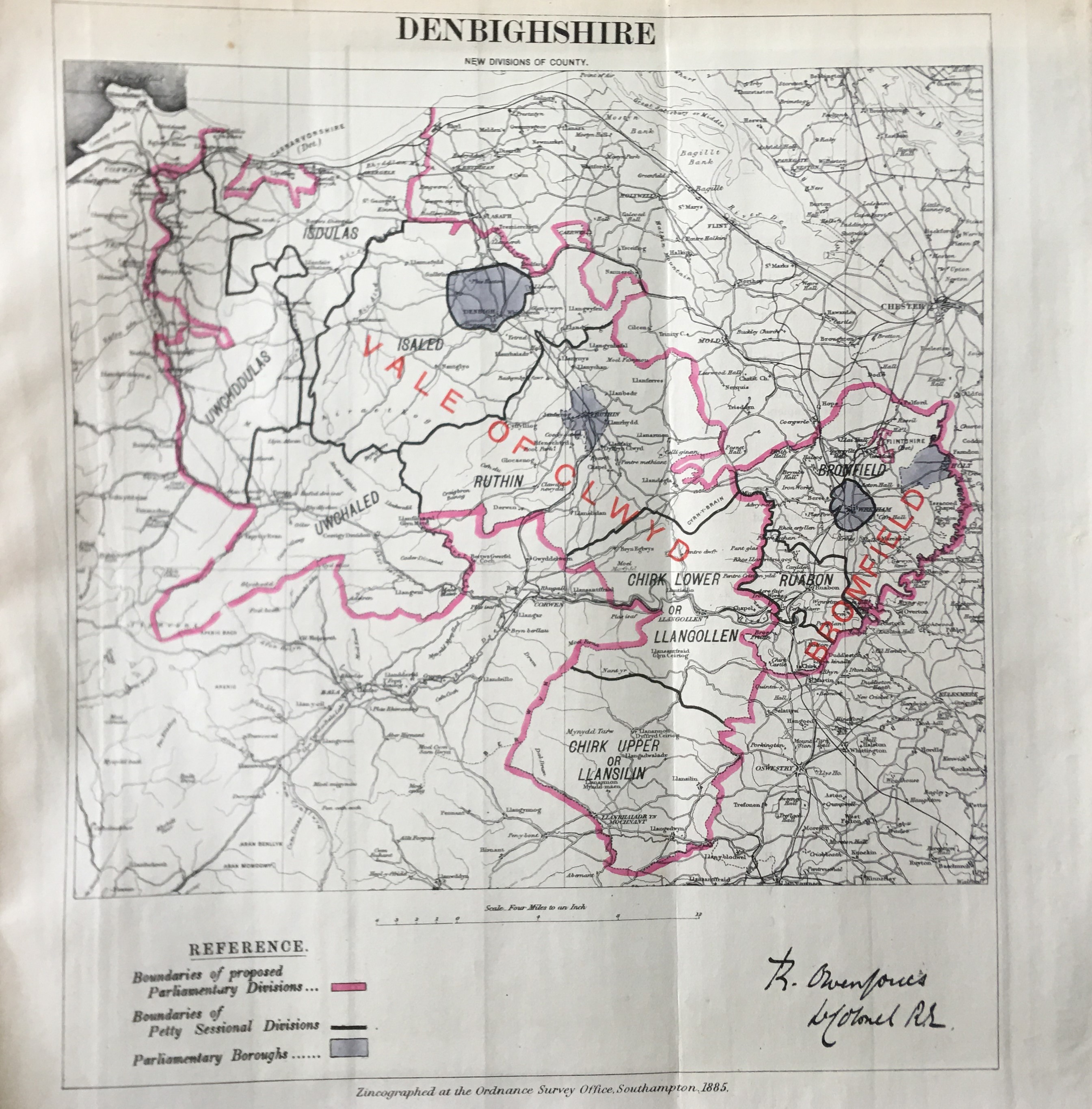 Antique 139 Years-Old Scarce Map Denbighshire 1885 Boundary Changes.