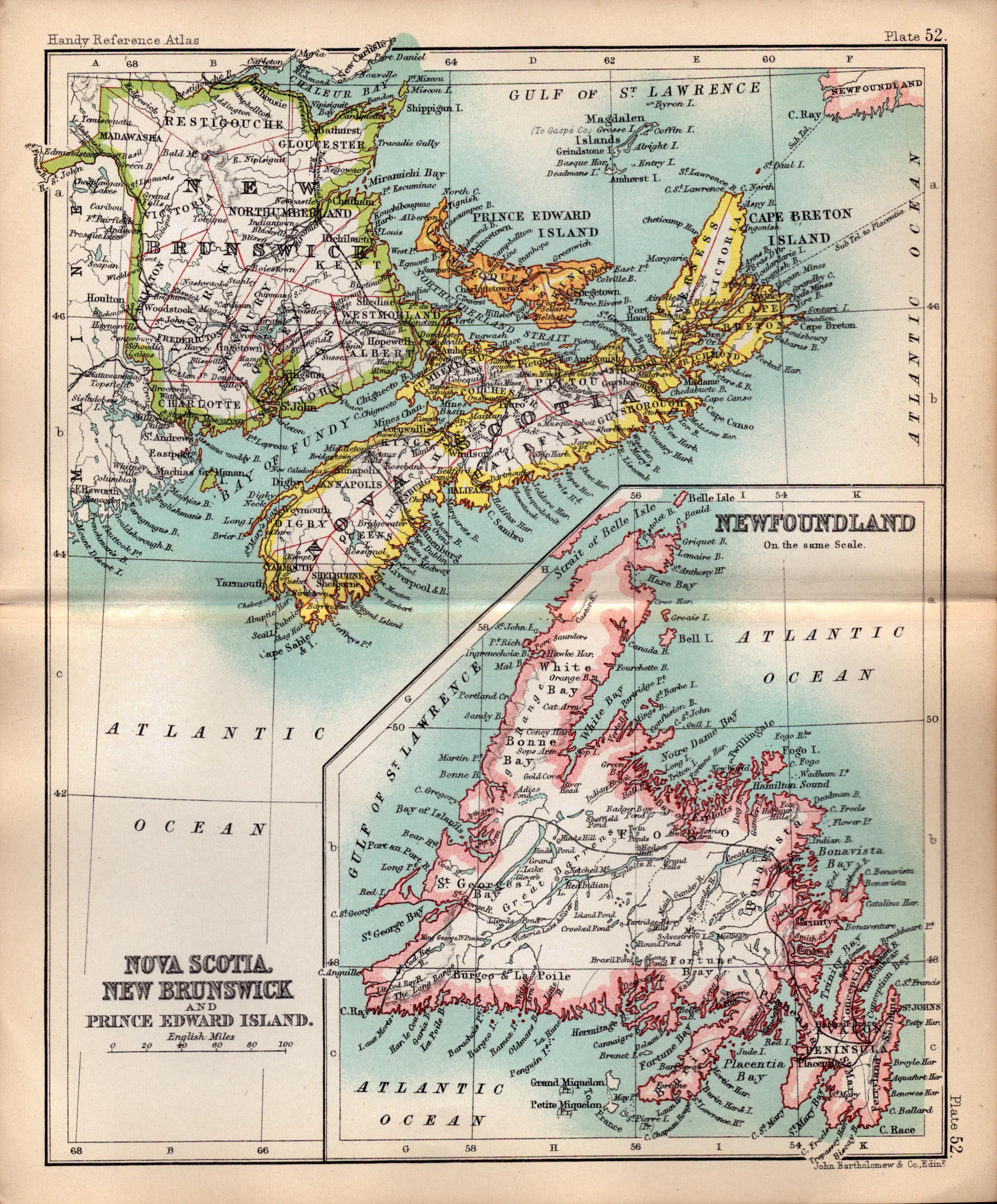 Nova Scotia Newfoundland Double Sided Antique 1896 Map.