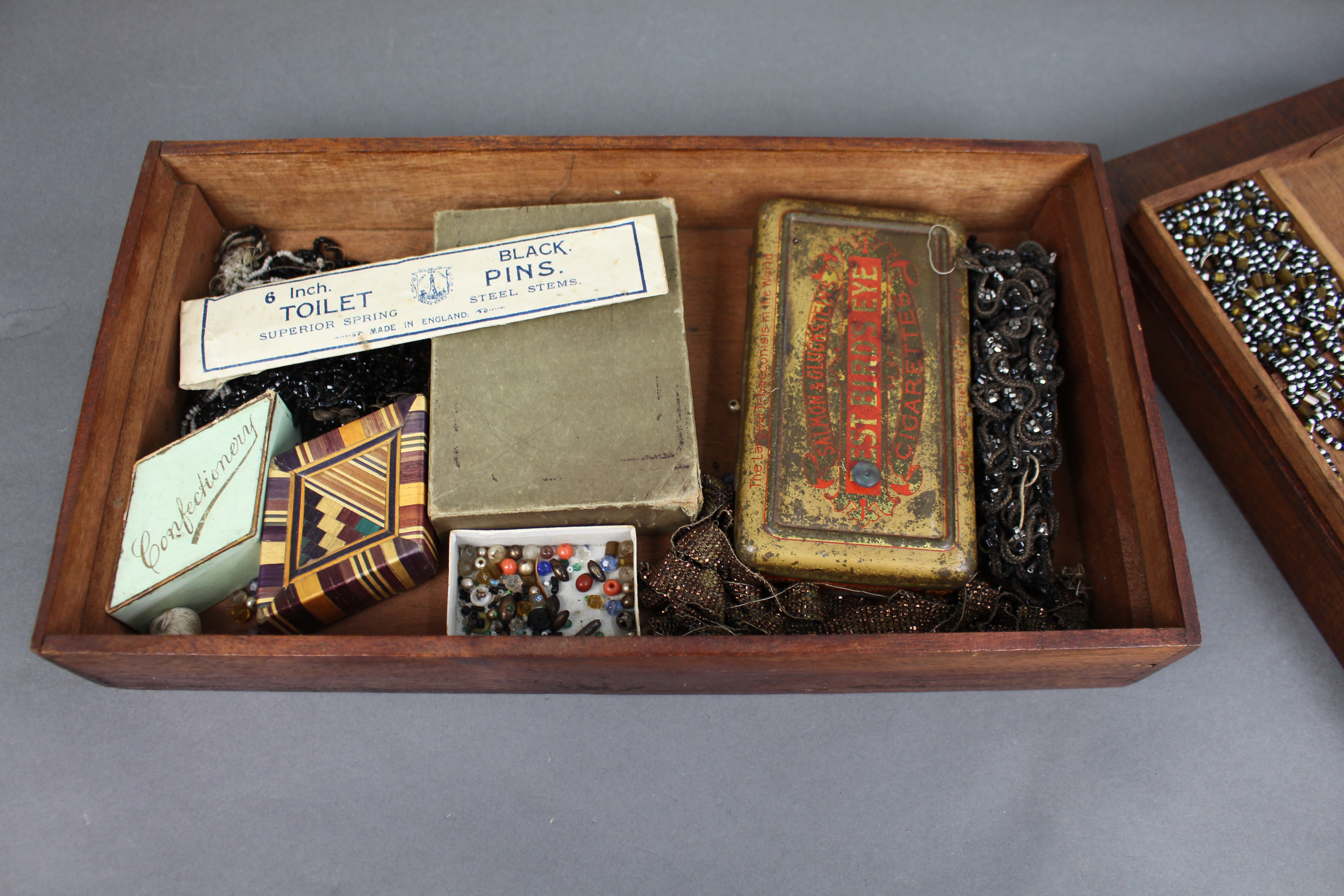 Antique Wooden Sewing Bead Work Box with Contents