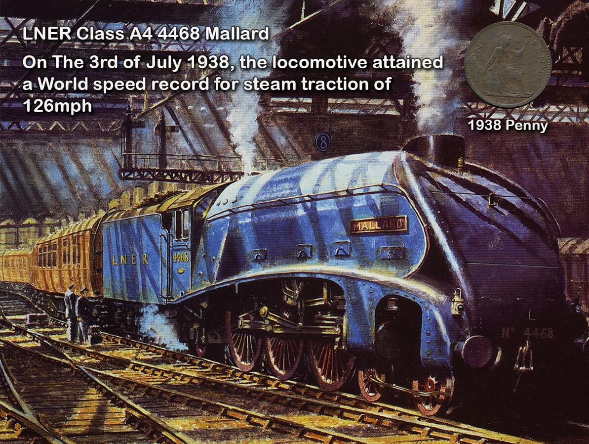 Steam Engine The Mallard 1938 Record Speed Metal Coin Set-1Original 1938 Penny The Year The