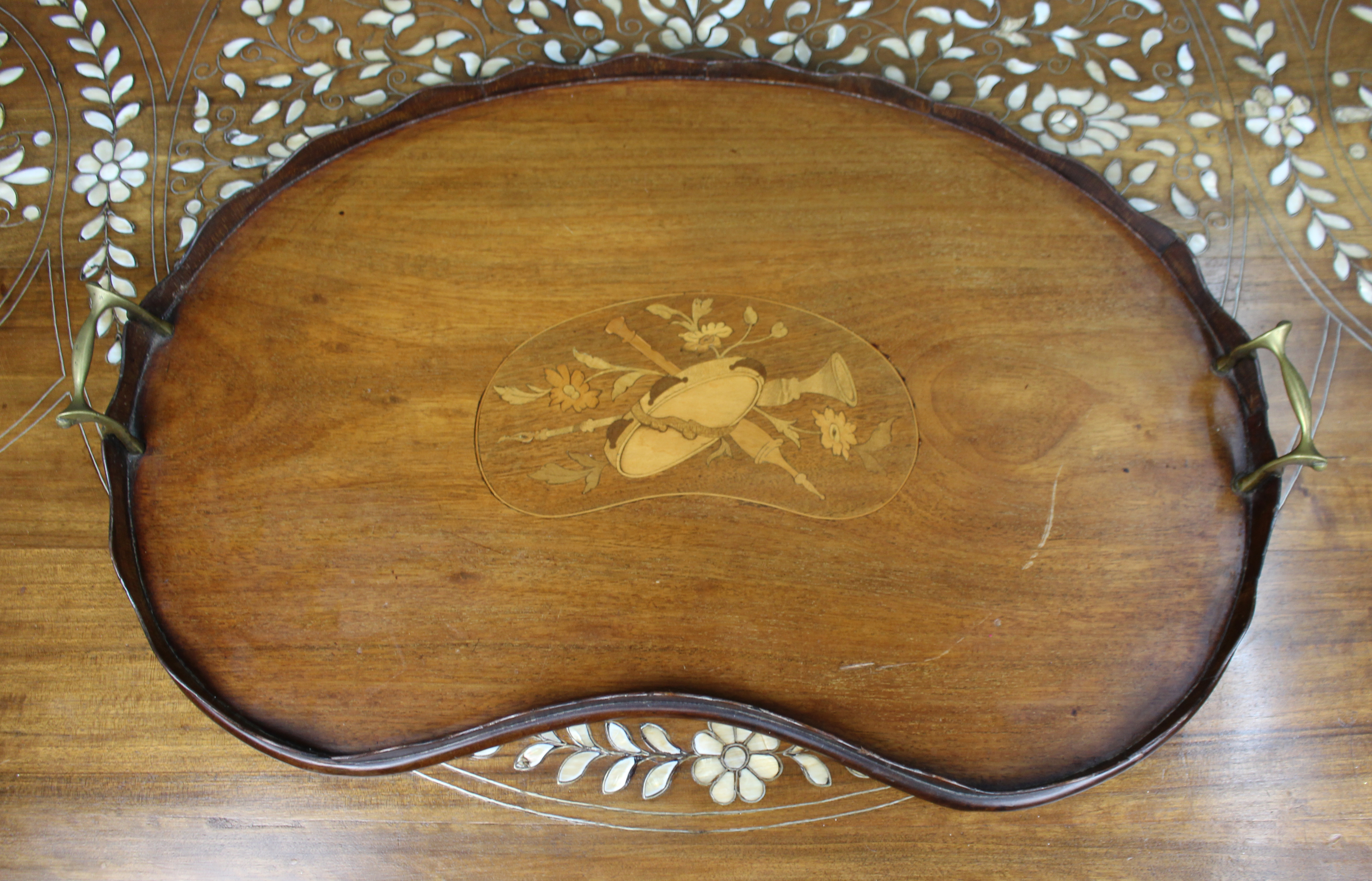 Antique Inlaid Wooden Tray with Brass Handles